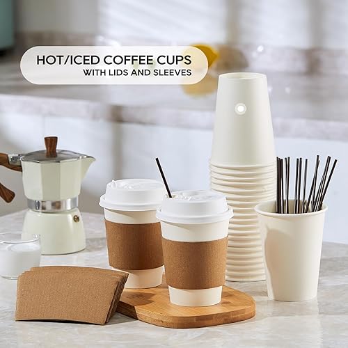 Miniatura 7 de JOLLY PARTY Paquete de 50 Tazas de café de papel de 12 onzas, taza de café de papel desechable con tapas, mangas y agitadores, taza de bebida