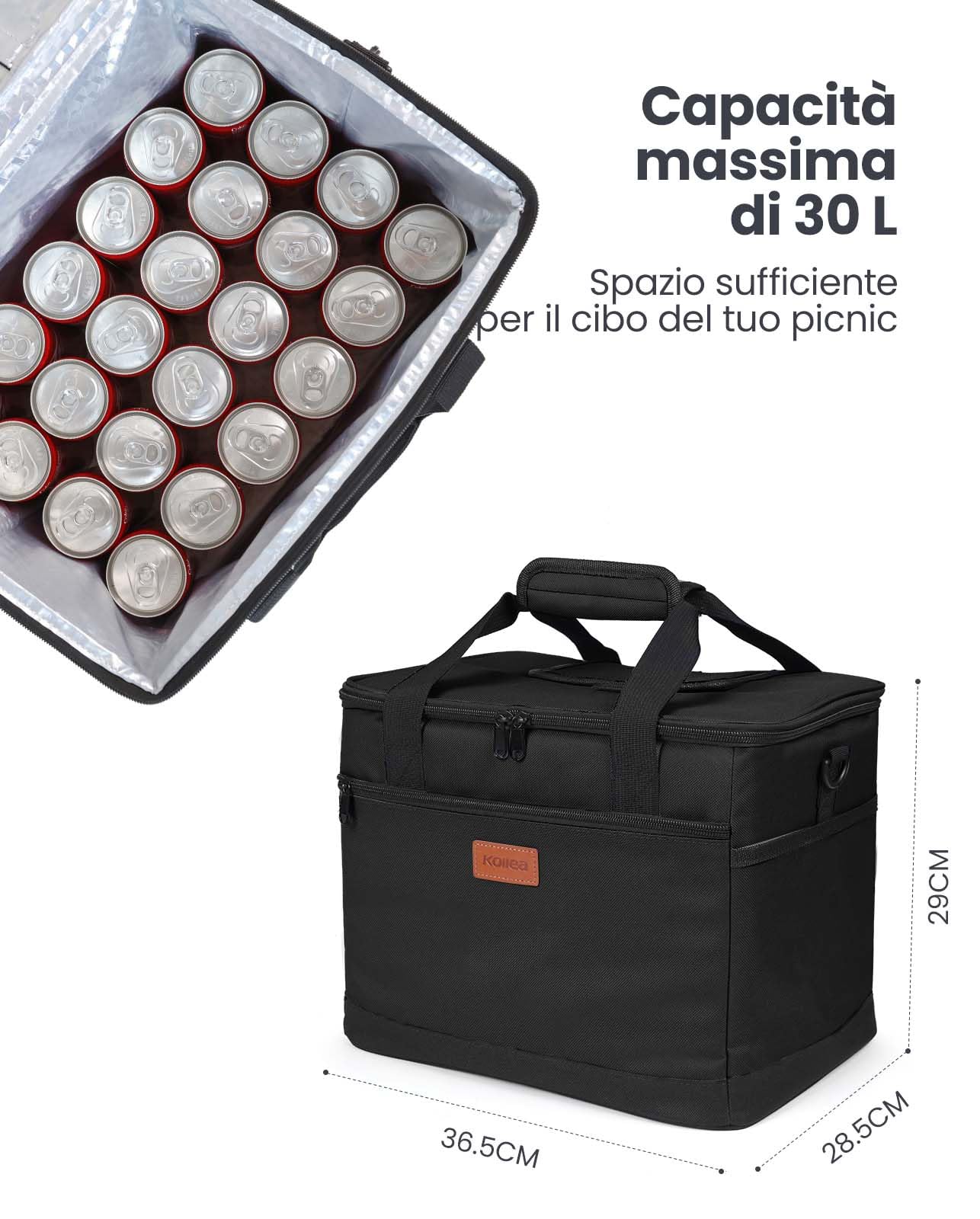 Kollea Cool Bag - 30 Litre Cool box -Insulated Cooler Bag Lunch Bag Keep Warm and Cold, Leak-Proof, With Carriying Straps, Multiple Pockets - Ideal for Travel, Camping, Picnics, BBQ