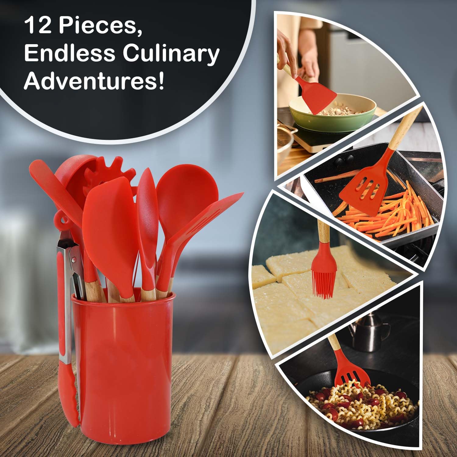 AEX 12 Pcs Silicone Kitchen Utensils Set including Holder Heat Resistant Cooking Utensils for Non Stick Pans Wooden Handle Spatula & Spoon Set Kitchen Tools Set (Red) - Image 4