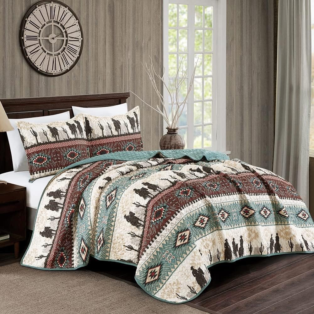 Western Collection New 5 Pieces Western Stars and Horses Cowboy Luxury Home Quilt