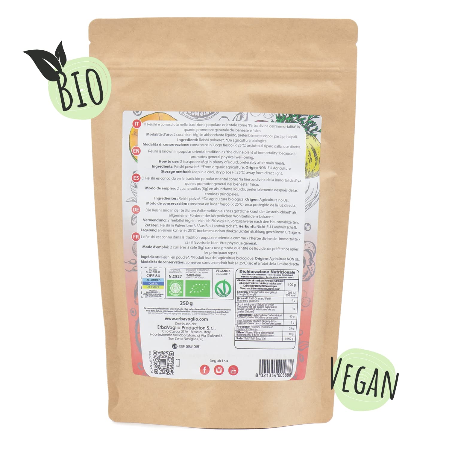 Erbavoglio Polvere di Reishi Bio - 250 g - Ganoderma Lucidum - Fungo Biologico Naturale