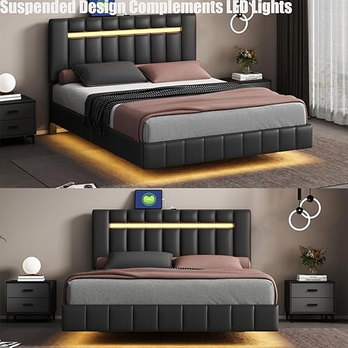 Miniatura 15 de Base de cama flotante de tamaño Queen, con luces LED de ambiente y carga USB, base de cama LED moderna tapizada de poliuretano con plataforma LED,