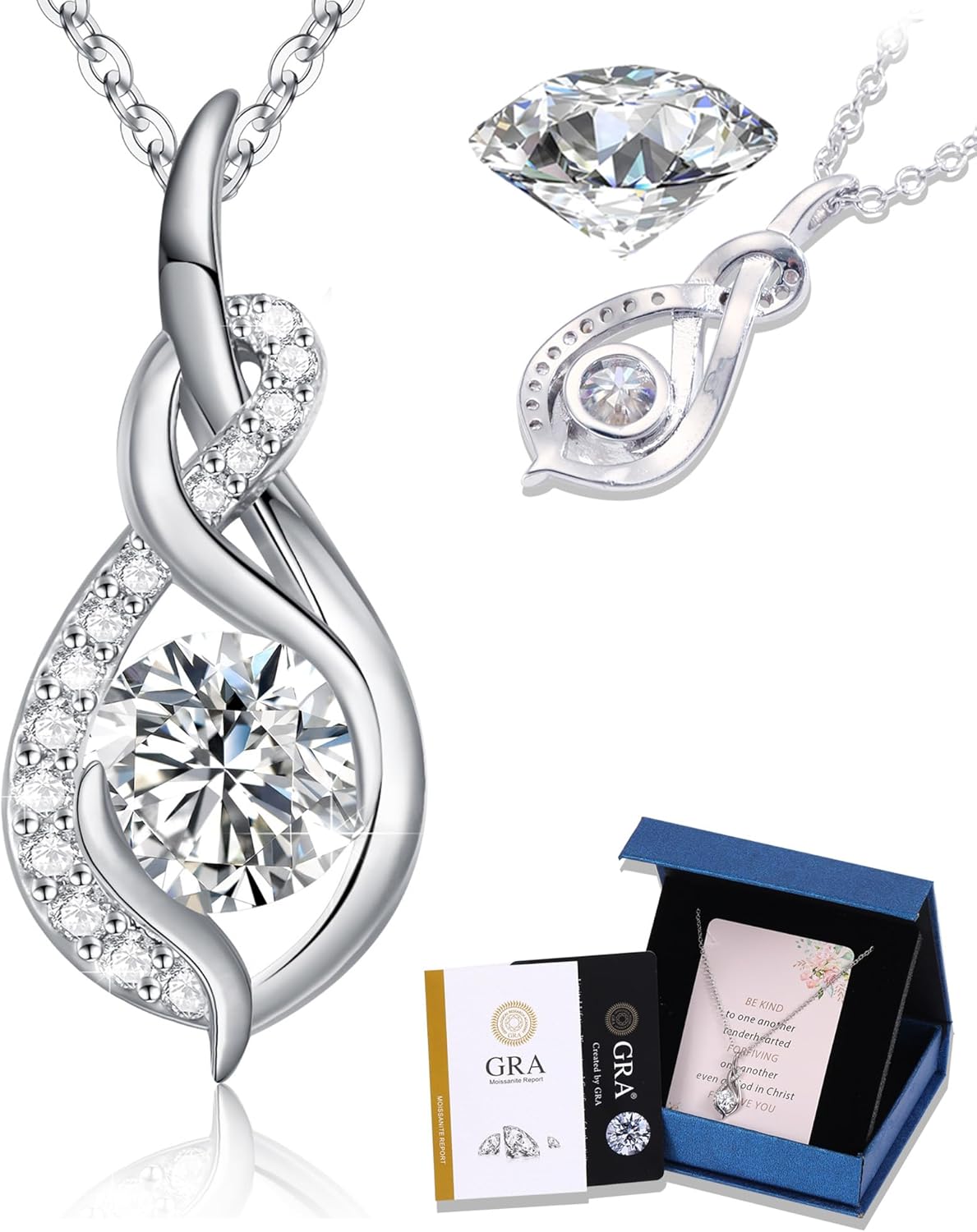 Moissanite Necklace for Women Dainty Infinity Pendant Necklace 18K White Gold Plated Necklace Birthday Gifts for Women