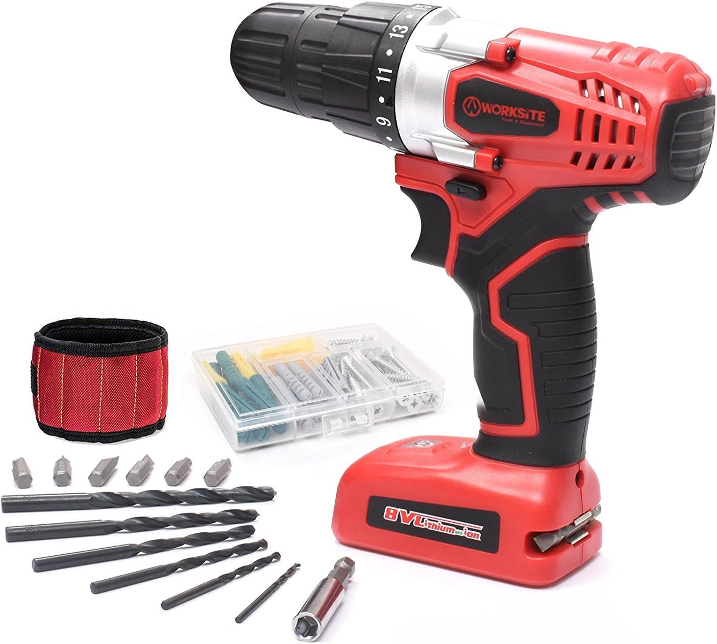WORKSITE 8V Electric Cordless Drill Screwdriver with 1300mA Lithium-Ion Battery, 16 Position Keyless Clutch, Variable Speed Switch, Lightweight, Built-in LED Light, 13 Pcs Bits Set, Magnet Wristband