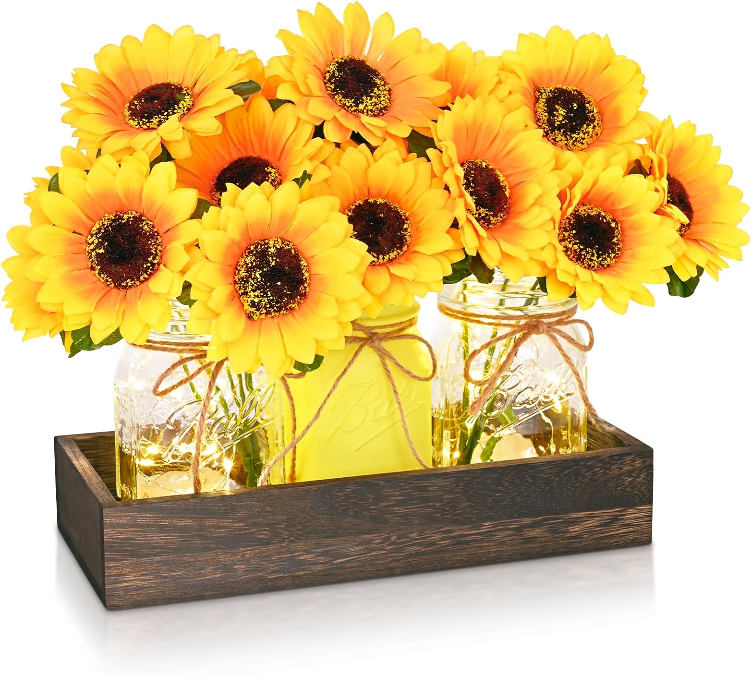 BLEUM CADE Centerpiece Table Decorations - Mason Jar Lights Centerpiece for Kitchen Dining Table Farmhouse Coffee Table Wedding Home Decor with 3 Jars Sunflowers Artificial Flowers & Wood Tray