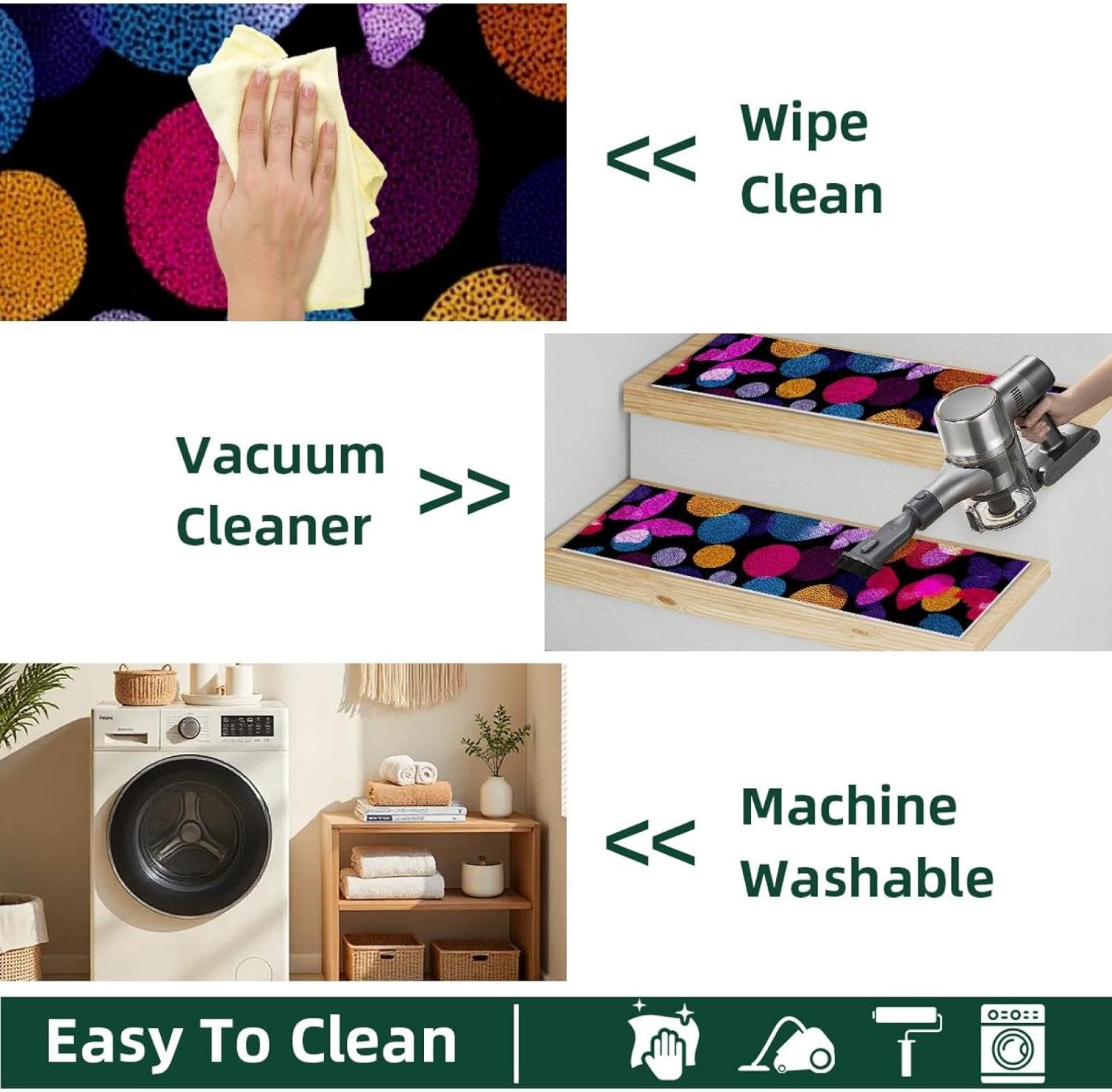 15 Pack Colorful Butterfly Dots Pattern Carpet Stair Treads for Wooden Steps Indoor, Slip Resistant Stair Rug Staircase Step Treads Pads for Pet, Kids and Elderly