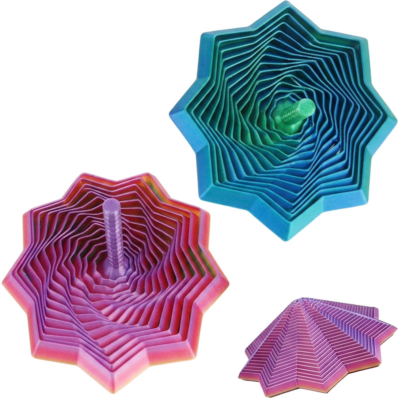 2pcs 3D Printed Fidget, Two-Pack Fidget Star for Stress Relief and Focus Enhancement, Laser Blue-Green and Rainbow Candy Colours, Medium Size with Thick Handle