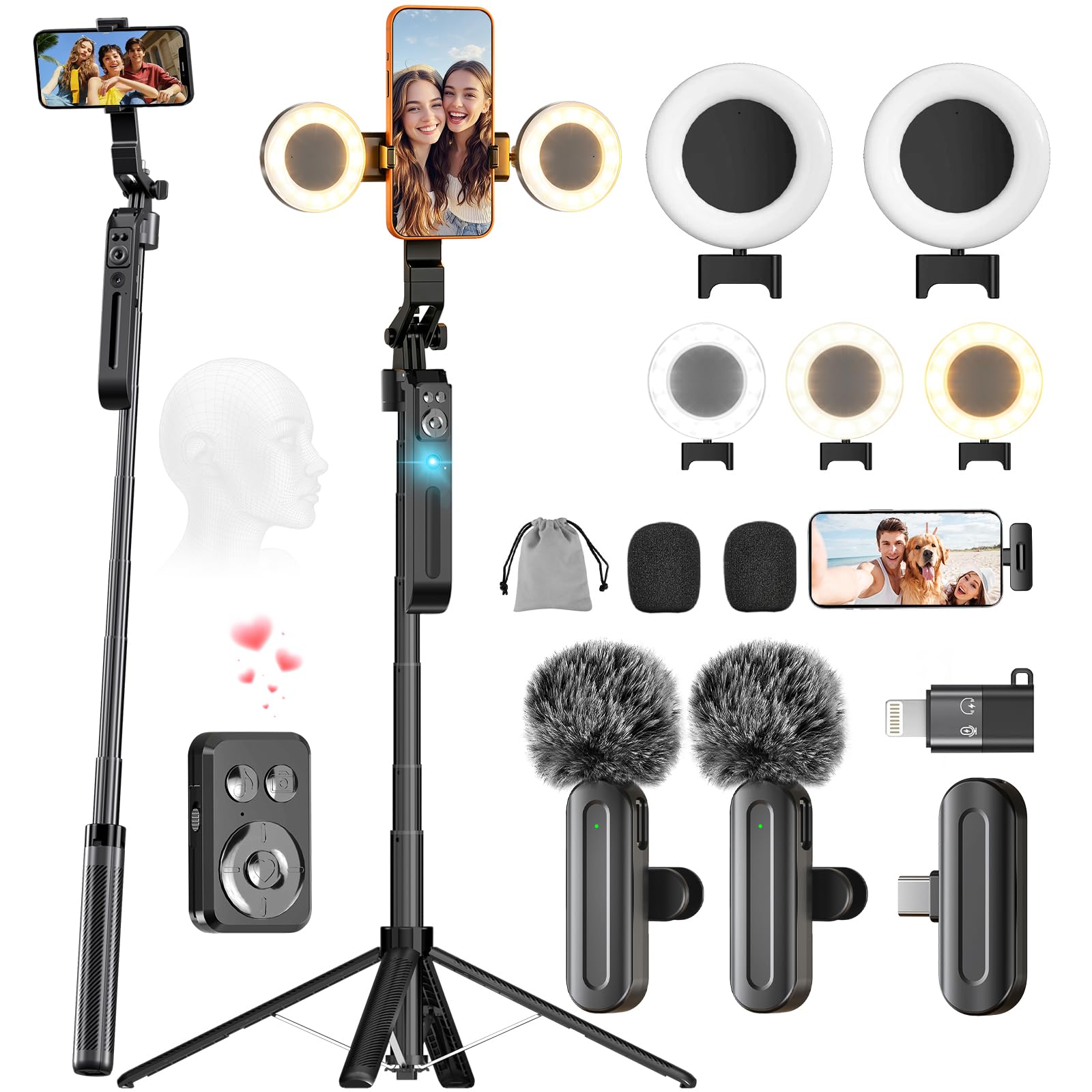 Photo 1 of *Box damaged* Content Creator Essentials Tripod for iPhone with Light & 2 Wireless Microphones, 71" Auto Face Tracking 360° Rotation Vlogging Kit for YouTube/TikTok/Android, No App, with Remote