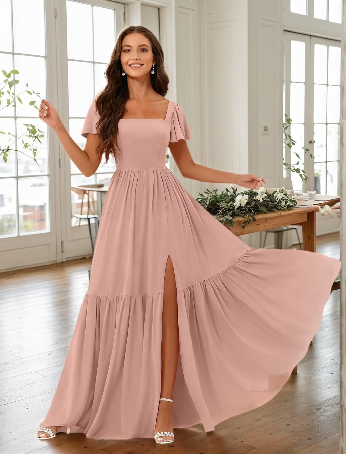 Chiffon Bridesmaid Dresses Square Neck Mother of Bride Gowns Thigh Slit Formal Prom Evening Dress with Sleeves - Image 3