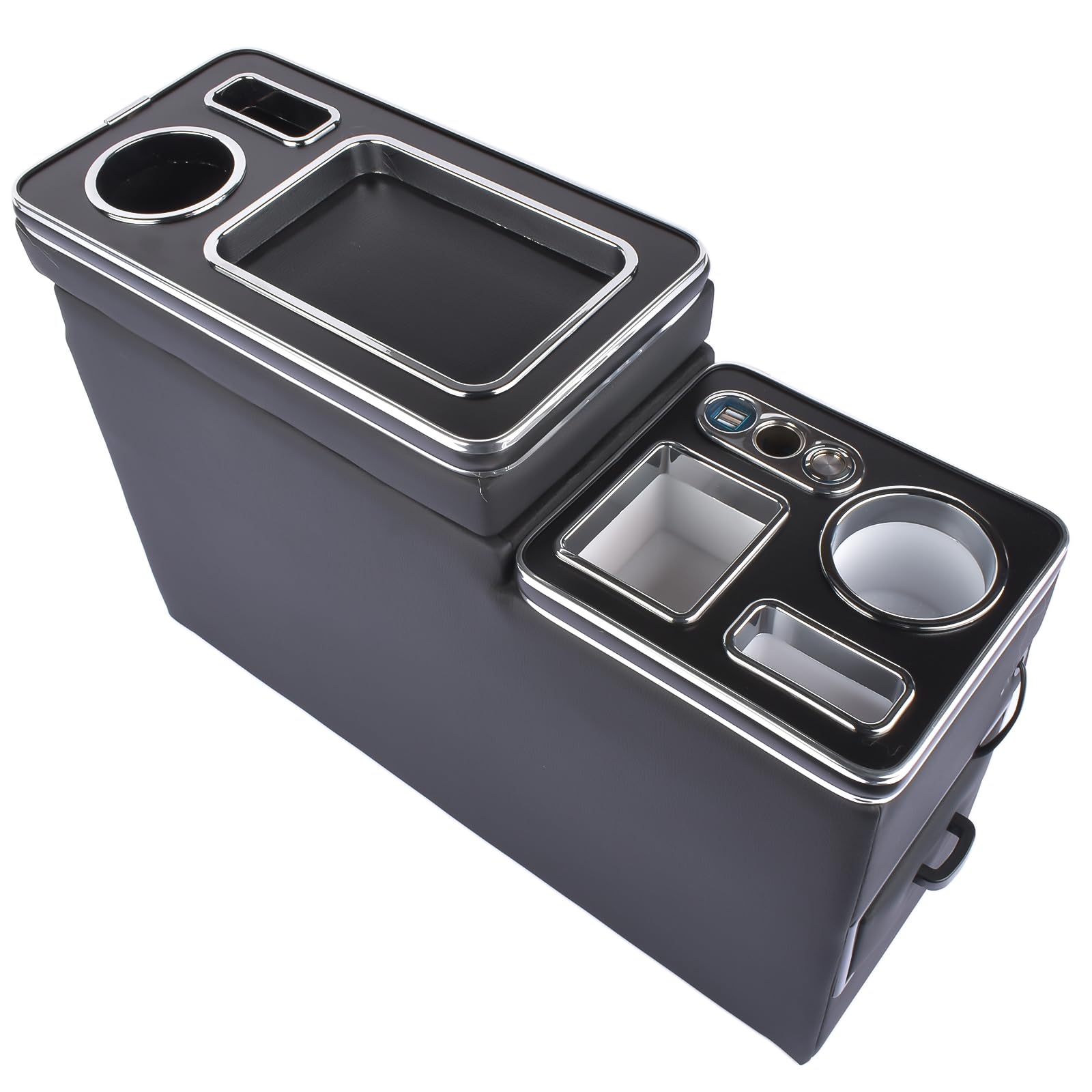 Caja de almacenamiento para la consola central con soporte para teléfono bebidas, puerto USB, encendedor de cigarrillos, luz LED, compatible con Sie-nta Transporter T5 T6