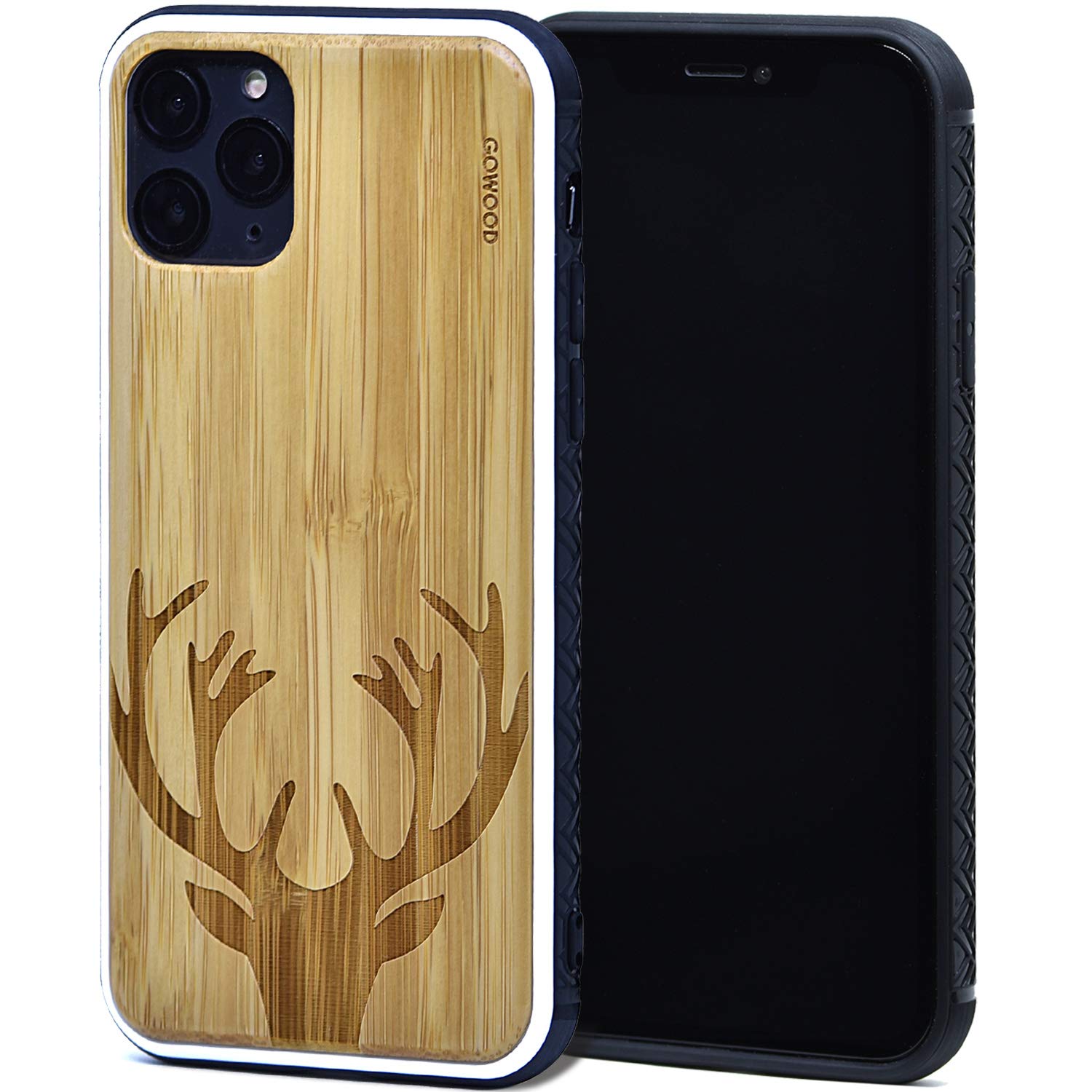 GOWOODWooden Case for iPhone 11 Pro with Shock Absorbing Anti-Slip TPU Bumper and Deer Engraved Bamboo Wood Backside