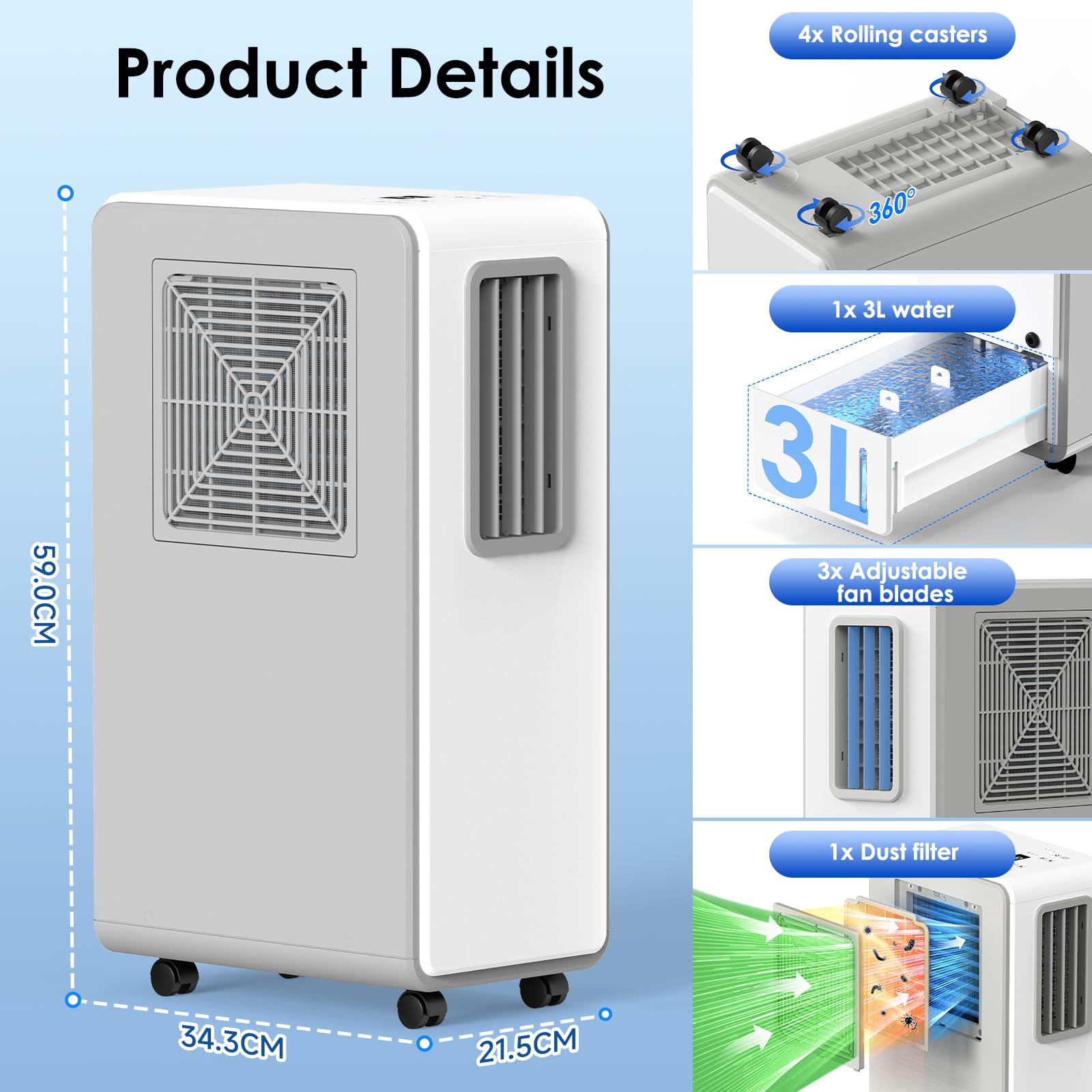 4-w-1 Przenośny klimatyzator z funkcjami chłodzenia, osuszania i wentylatora.Ultra Quiet Mobile AC Unit z 24H Timer do użytku domowego lub biurowego.