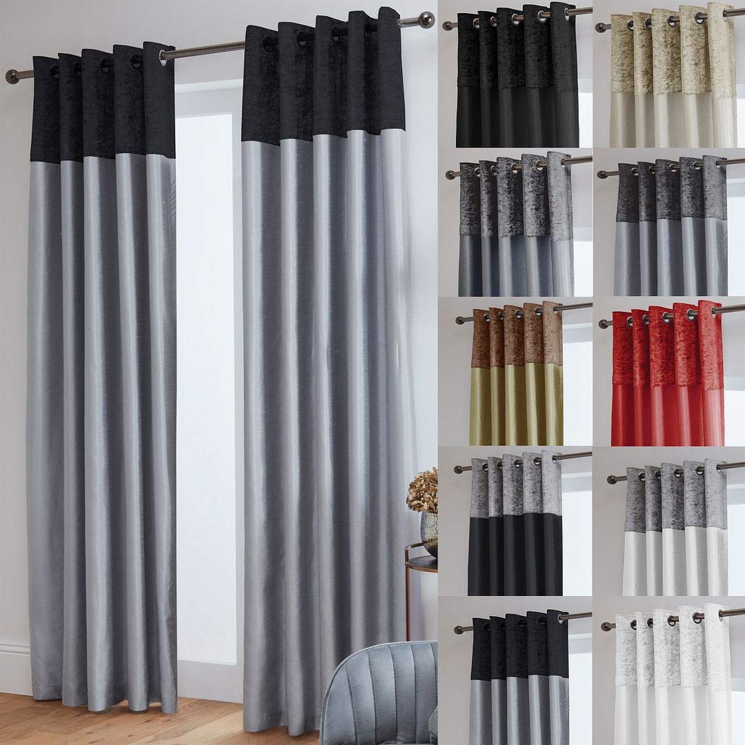John Aird Crushed Velvet Band Faux Silk Eyelet Curtains (Black/Silver, 90" Wide x 72" Drop)
