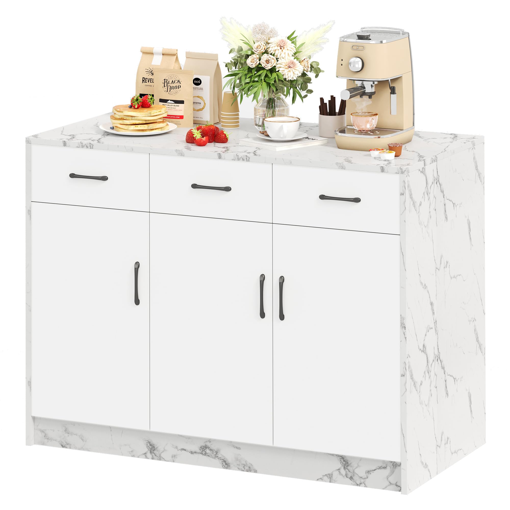 Gran isla de cocina, 3 cajones y 3 puertas, diseño de mármol blanco, estantes ajustables, ideal para cocinas familiares, diseño de área de bar - Utensilios de cocina elegantes y prácticos (Mármol