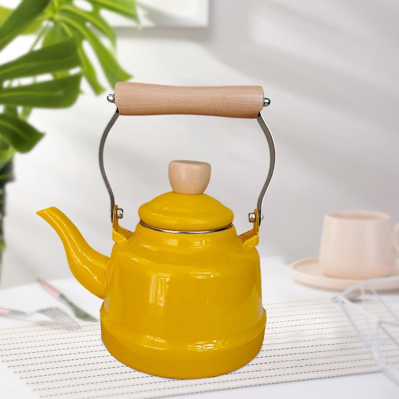 Teekessel Emaille Teekanne Wasserkocher Kaffeekanne mit Hitzebeständigem Holzgriff Und Keramischem Gehäuse für Herd Küche Haushalt Geschenk, Gelb