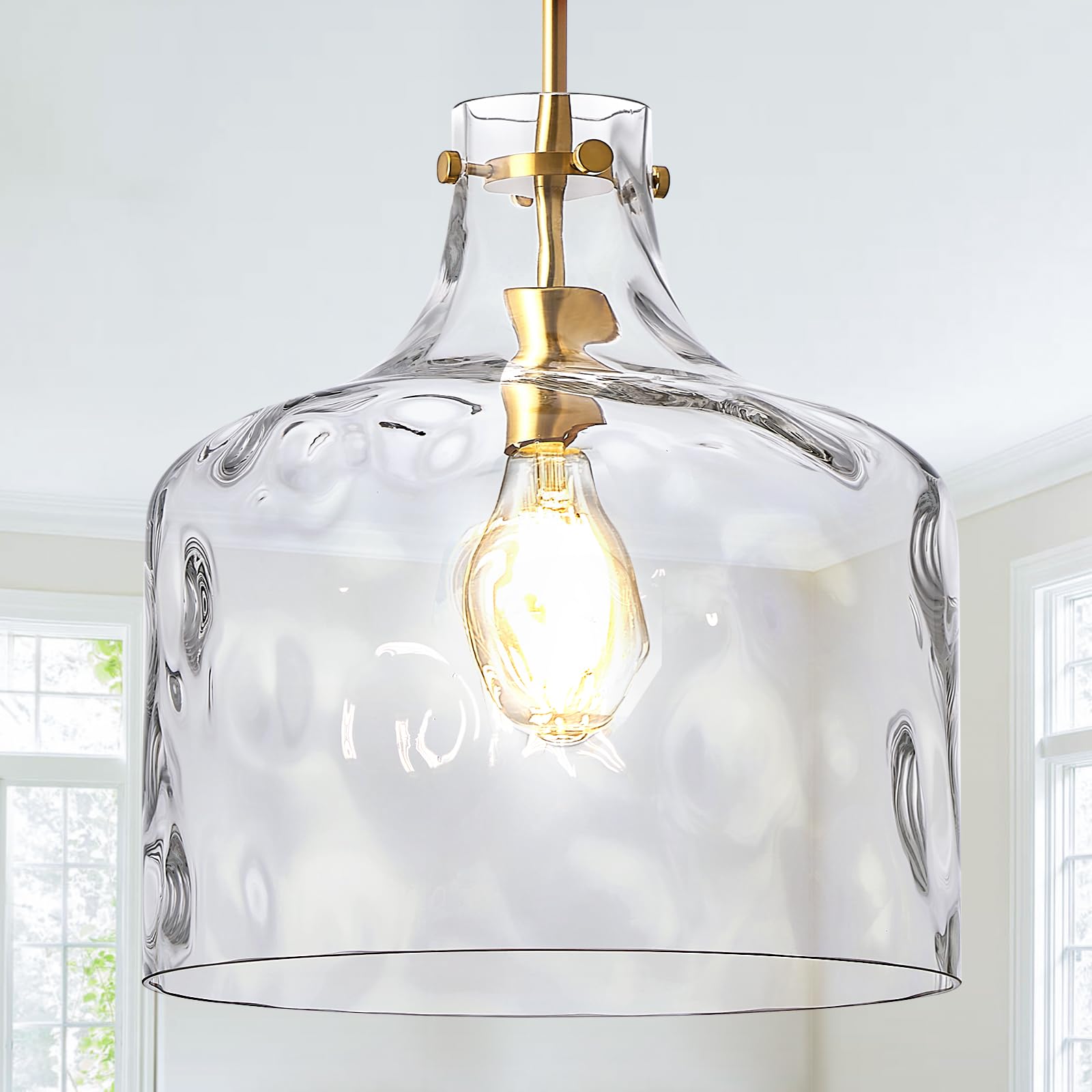 16" Extra Large Farmhouse Pendant Light – Hand-Blown Hammered Glass Shade, Gold Finish, Adjustable Chain Ceiling Light for Kitchen Island, Dining Room, Hallway Gold Chain