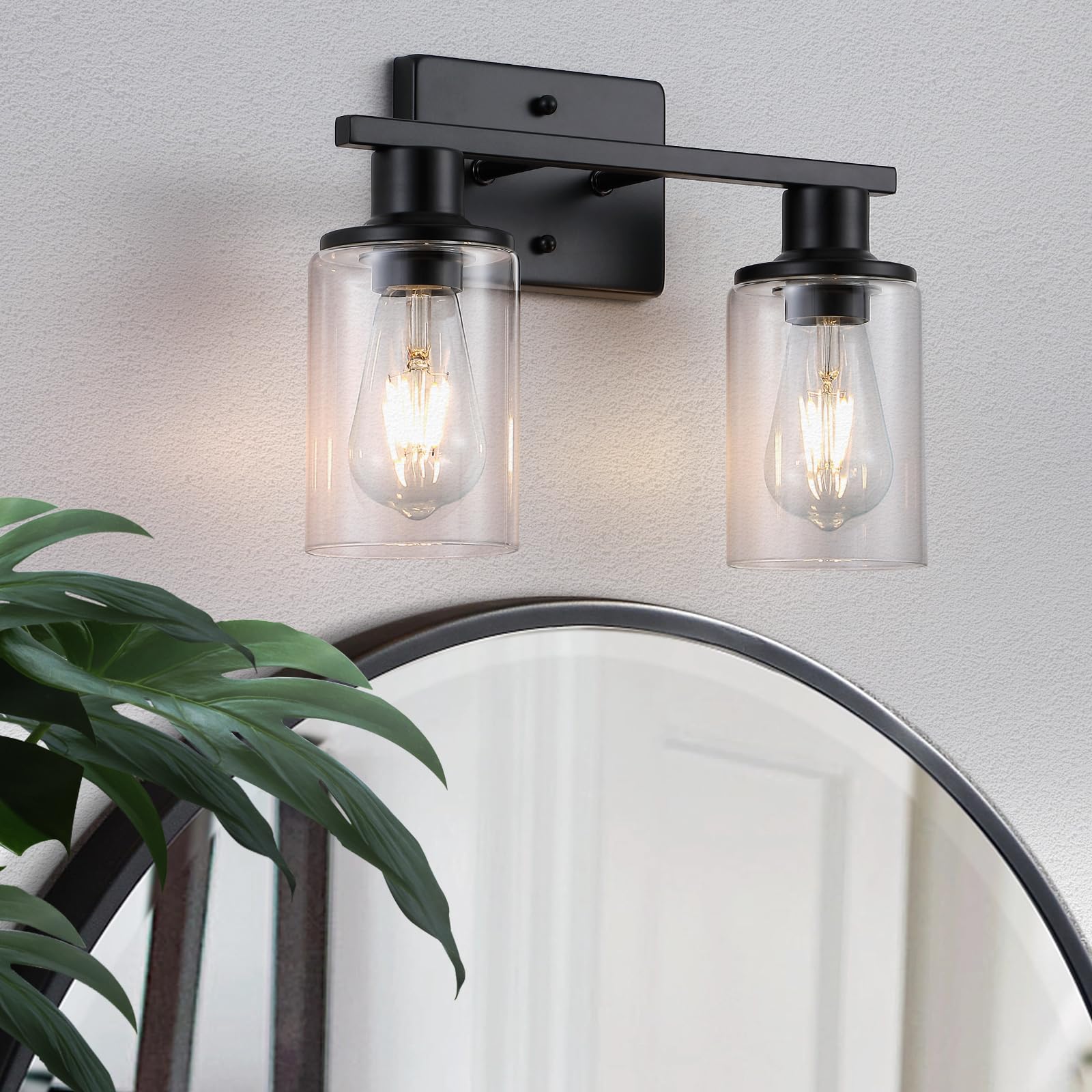 2-Light Matte Black Bathroom Vanity Light,Bathroom Light Fixtures Over Mirror with Clear Glass Shade,Modern Farmhouse Wall Sconces Lighting for Kitchen Living Room Cabinet