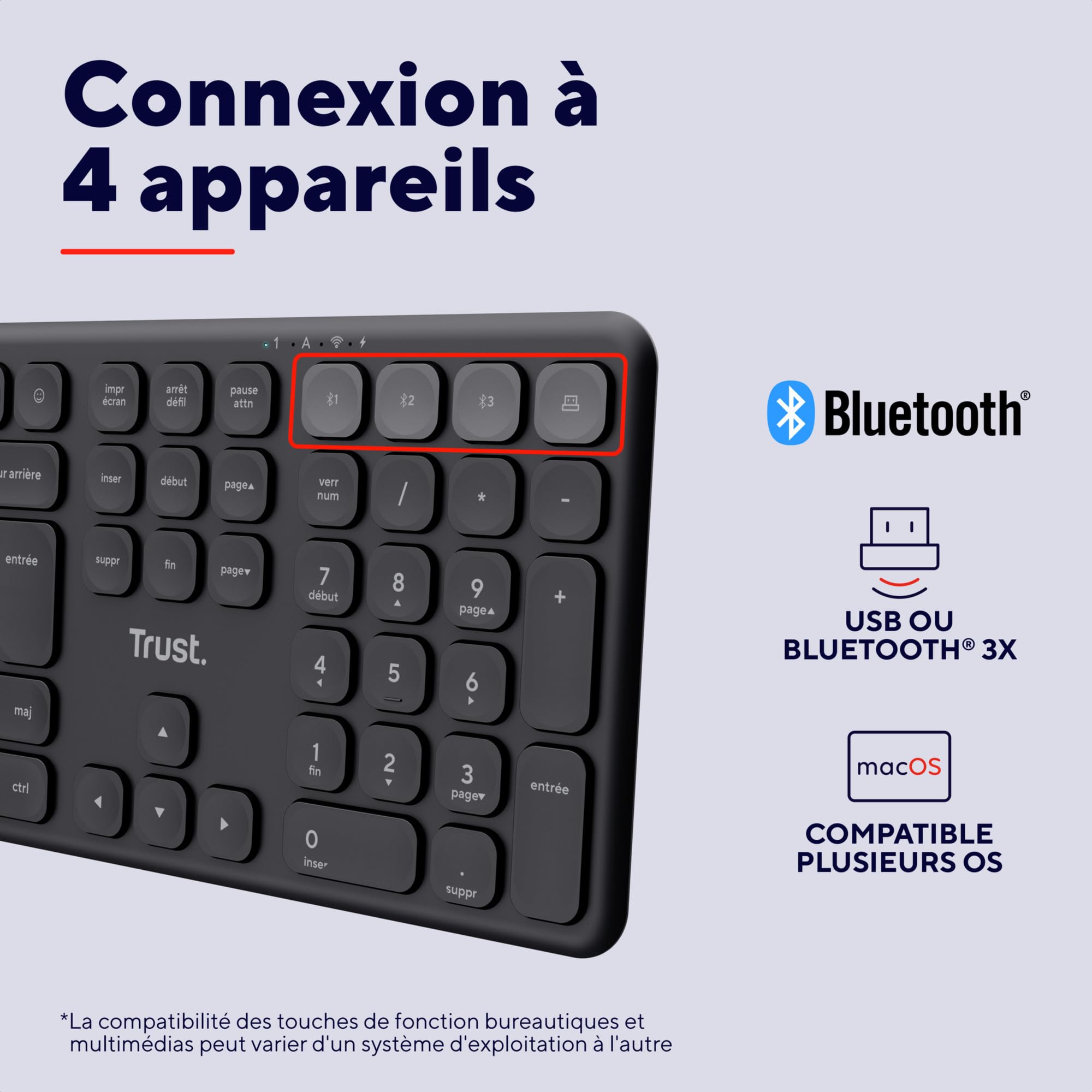 Trust Vaiya Clavier sans Fil Bluetooth + 2.4Gz AZERTY Français, Noir | Clavier Bluetooth Multi-appareils Rechargeable avec Pavé Numerique, 55% Plastique Recyclé, Windows iOS iPadOS Android