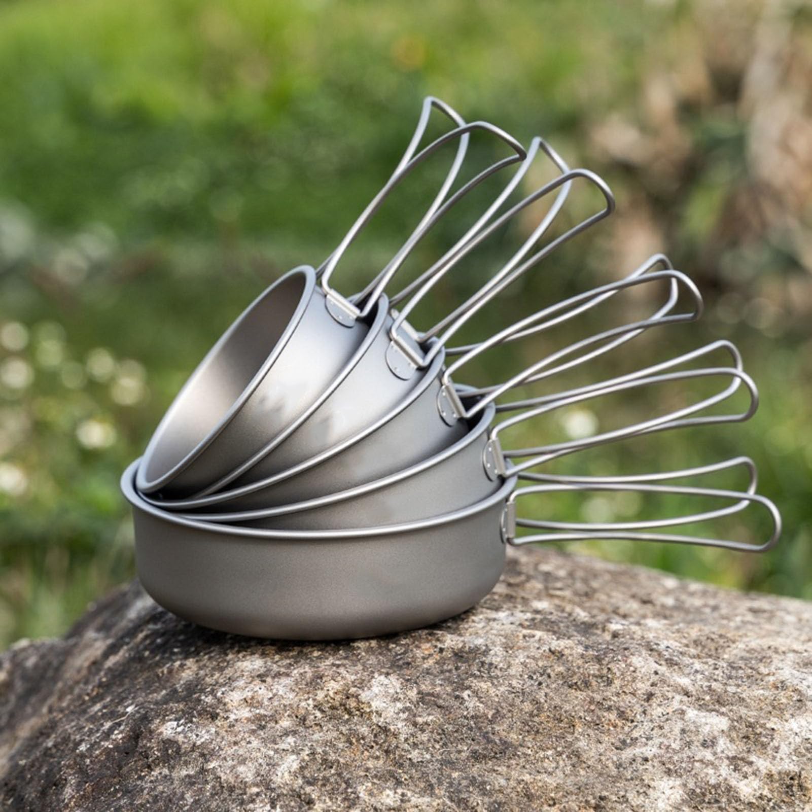 Kit Cottura da Campeggio in Titanio TA1 Senza Rivestimento, Pentola Ultraleggera con Cestello Vaporiera, Padella e Ciotola per 1–3 Persone, Fornello da Campeggio e Fuoco a Legna,6 Piece