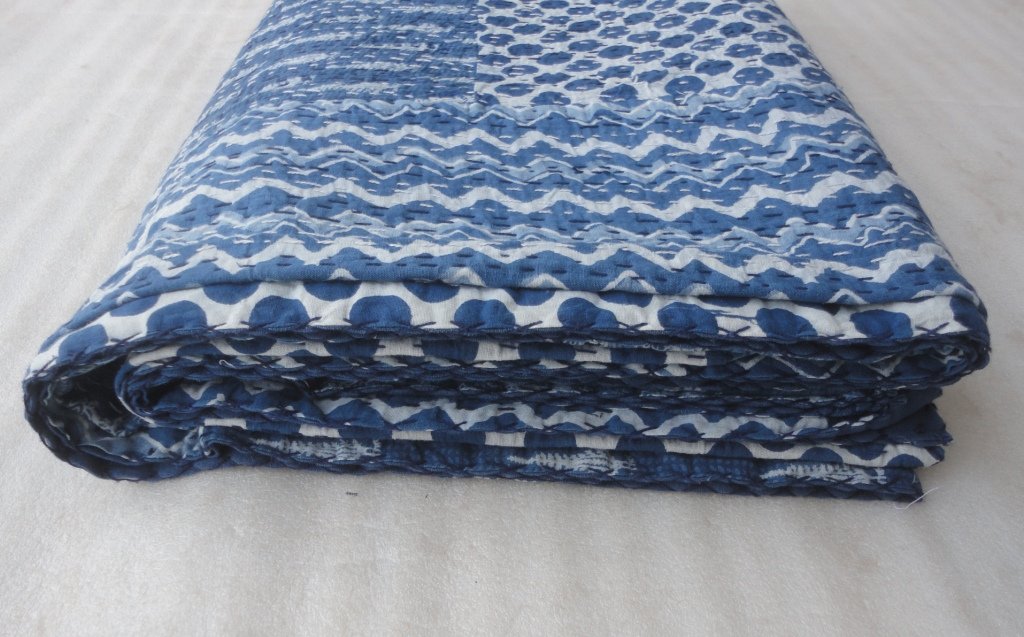 Indigo Blue Bedspread King Size Hand Block Print Machine Stitch, 90 X 108 Inches