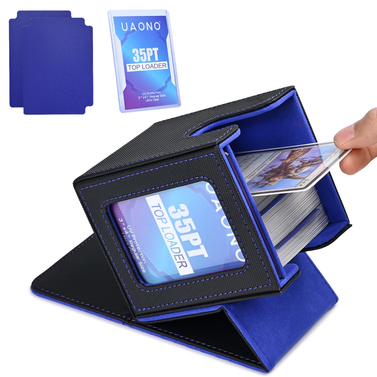 UAONO Caja de cartas con pantalla MTG Commander, funda para más de 100 tarjetas de doble manga, caja de almacenamiento de tarjetas coleccionables para TCG/PTCG/Sports con 2 divisores, 1 cargador