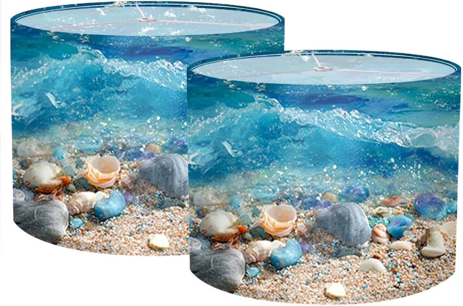 Nuxovilar Lamp Shades Set of 2, Polyester 13x9.8 Inches - Small Lamp Shades for Table Lamps, Coastal Shell & Wave Design for Beach House, Bathroom, Patio