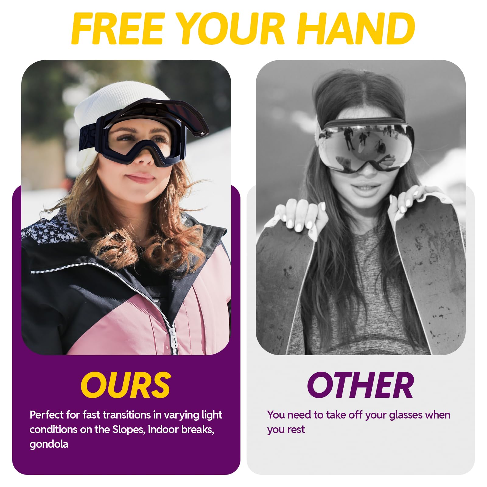 JUBAO Gafas de esquí abatibles para hombres y mujeres, antivaho, magnéticas, OTG, para nieve, snowboard, para desempañamiento instantáneo, protección UV400