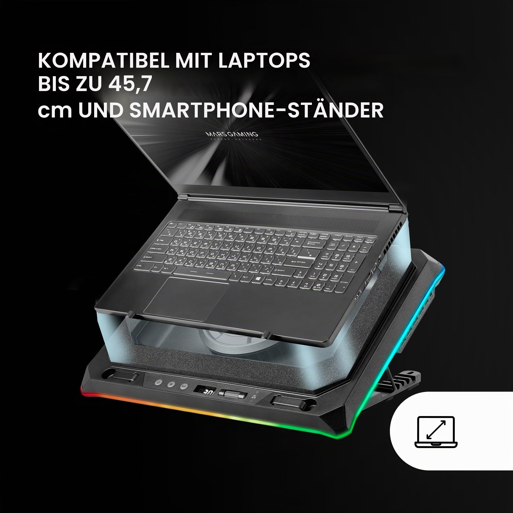 Mars Gaming MNBC-Ultra, Kühlbasis und Ständer, 140mm Lüfter, CoolCore Airflow Technologie, RGB Chroma, 5 Positionen, Kompatibel mit Laptops bis 18”, Smartphone-Halterung, 4X USB-A, Schwarz
