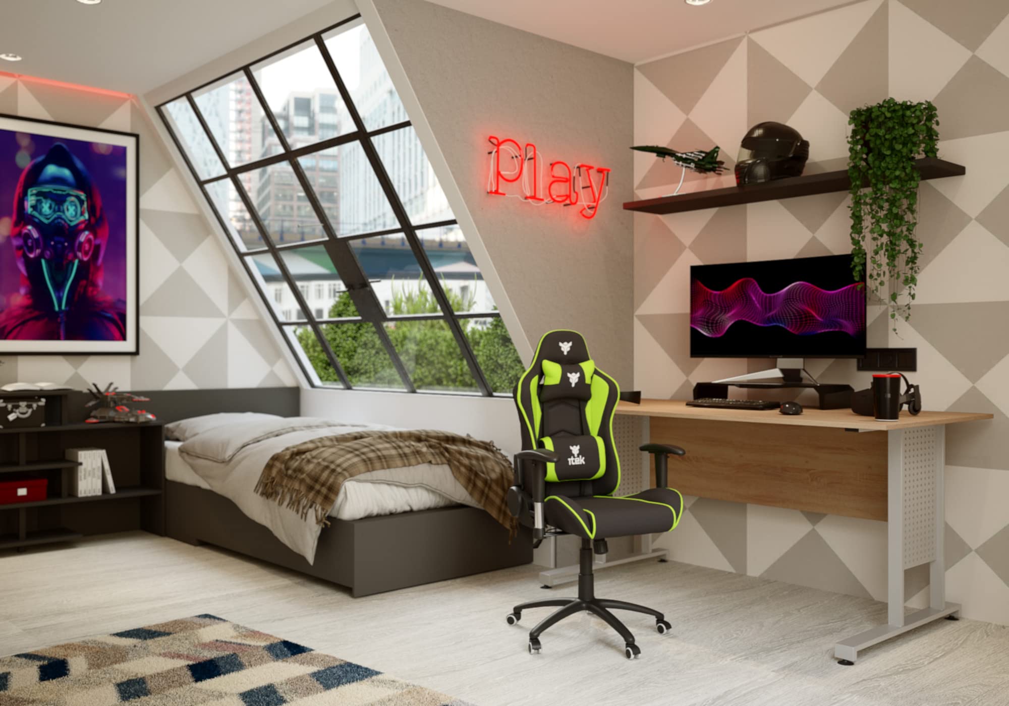 ITEK PLAYCOM FM20 Sedia Gaming ergon. Verde, schienale reclinabile, braccioli e poggiatesta regolabili, sup. lombare, comfort e design, ideale come sedia ufficio, sedia per studio o poltrona per gamer
