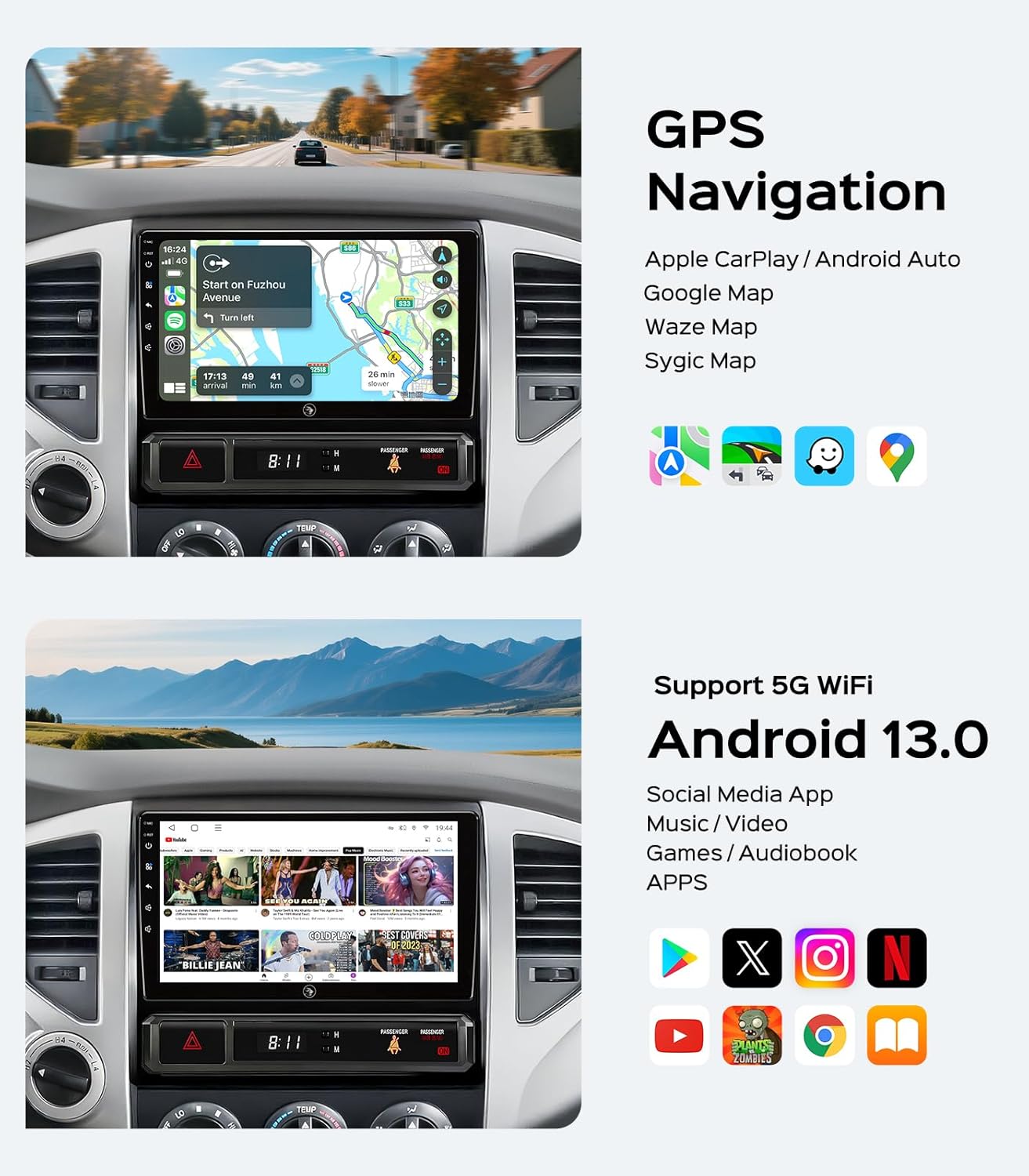 2+64G Car Radio Stereo for Toyota Tacoma 2005-2015, CarPlay & Android Auto Head Unit, 9" Touchscreen/GPS Navigation/HD Backup Camera/SWC