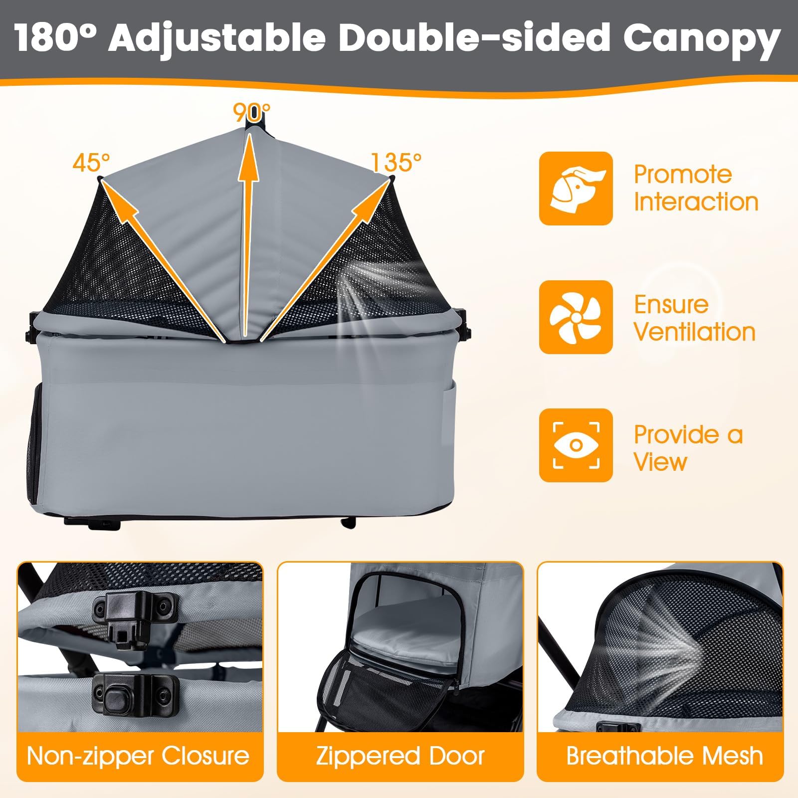 FANTASK Poussette 3 en 1 pour chien, sac de transport jusqu'à 15 kg, avec toit en maille réglable, panier et porte-gobelet, poussette pliable pour chien, chat, animaux domestiques (gris, 1)