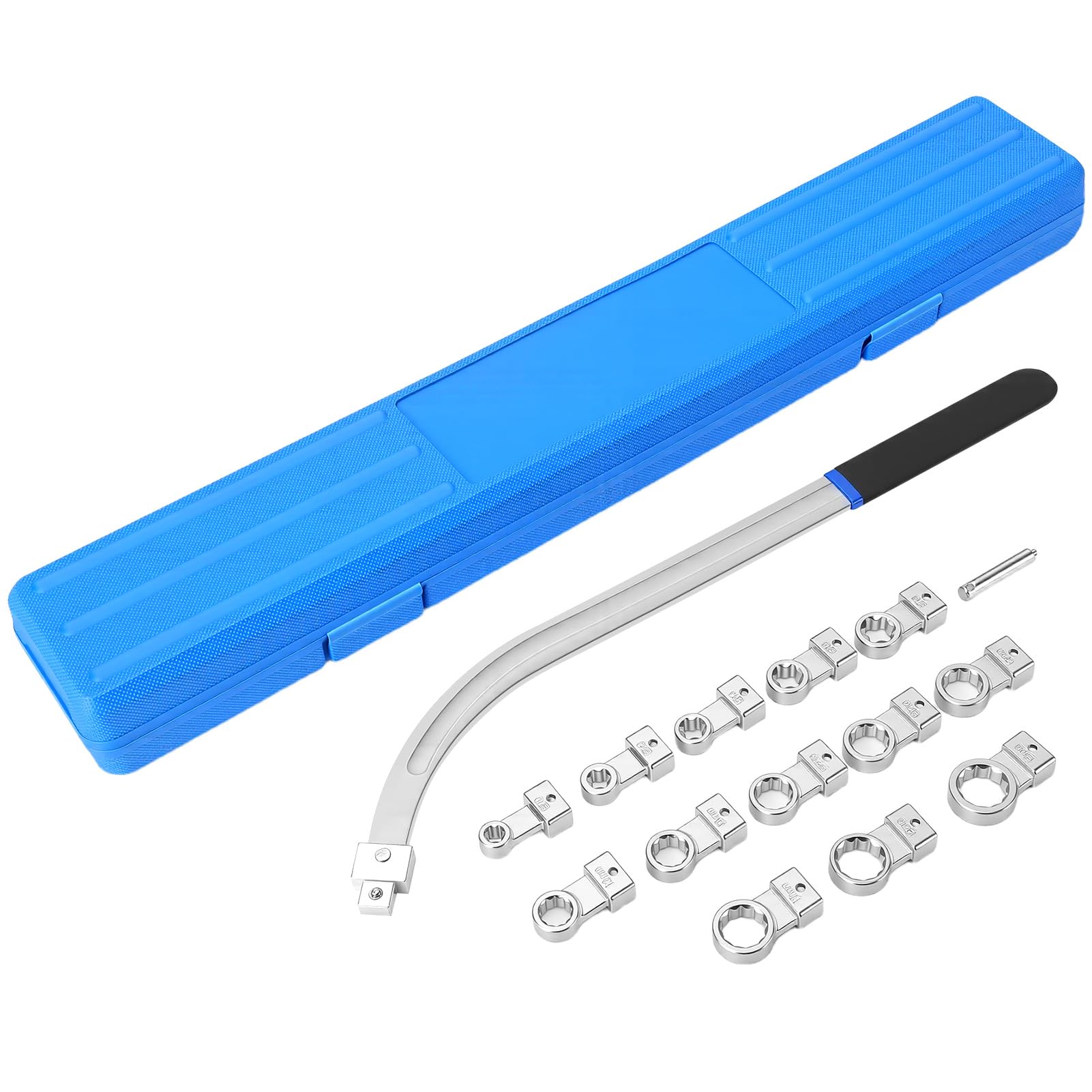 Juego de 15 Llaves para Tensores de Correas de Distribución, Vasos de 12 Cantos (12-19mm) y E-Torx (E10-E18), Mango Extra Largo de 450mm para Zonas Estrechas, Herramientas de Taller con Maletín