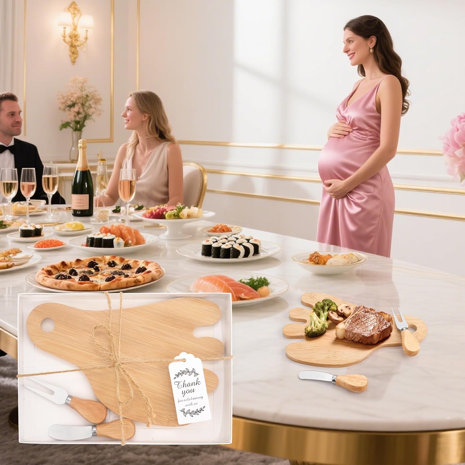 6 Sets Baby Shower Favors Bridal Game Prizes for Winners Wedding Guest Gifts Footprint Bamboo Cheese Board Charcuterie Board Set with Knives and Forks Thank You Card with Gift Box