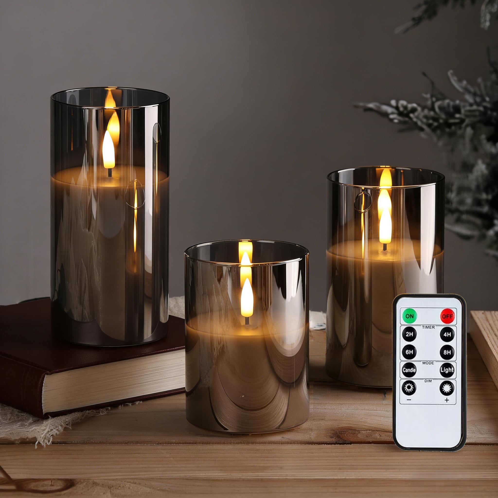 MiracDan LED Flameless Candles Flickering with Remote,Timer,Candle Set of 3 Realistic Flameless Battery Candles for Festival, Room Decor, Home Decor (4"/5"/6" H), Gray