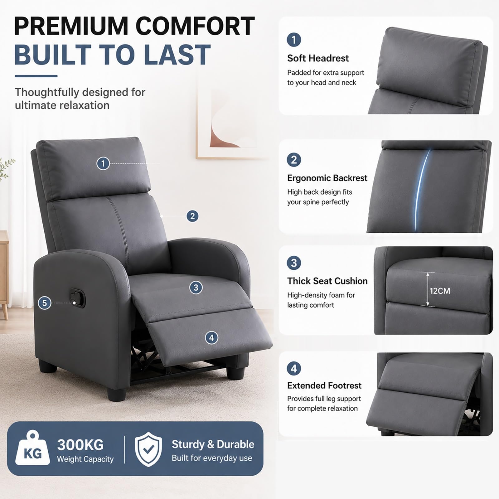 Liegesessel, Sessel mit Hoher Rückenlehne, Dick Gepolsterter Sitzfläche und Lendenstütze, Liegesofa für Wohnzimmer, Empfangs- und Wartebereiche(Light Gray)