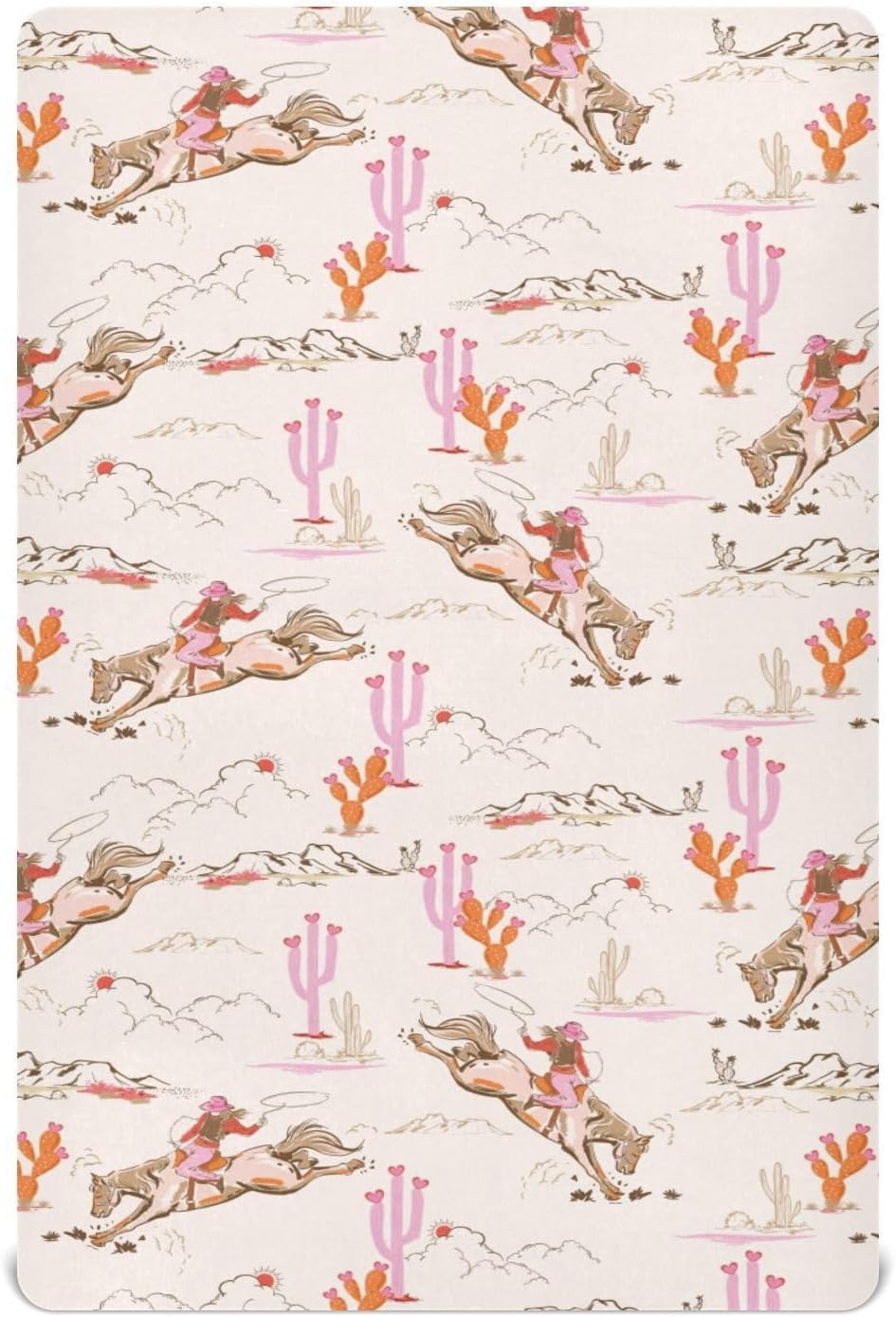 Western Cowgirl Crib Sheets for Boys Girl Pink Cowgirls Horse Cactus Mountain Sunset Fitted Mattress Cover West Desert Toddler Baby Bed Sheets Standard Unisex Crib Sheet 28x52 Inch