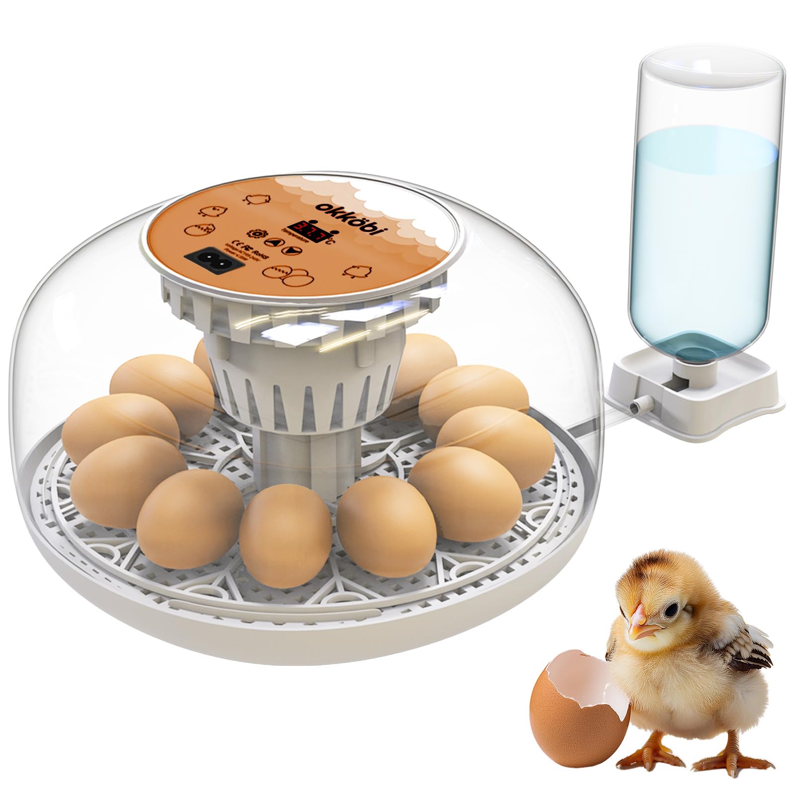 Okkobi M12 - Incubadora Huevos Gallina Automática - Volteo Automático y Control de Humedad - Chocadeira Ovos Automática - 12/24 huevos, Vista 360°, fácil de usar y limpiar - Blanco y naranja