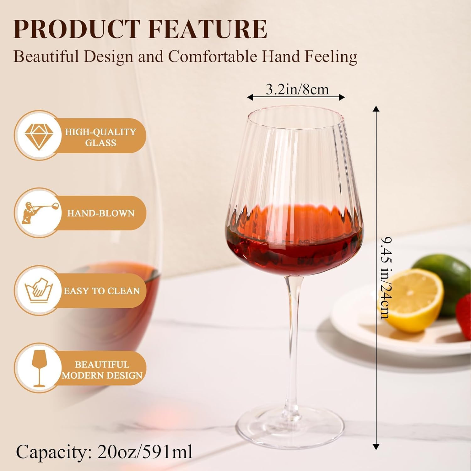 Ribbed Wine Glasses Set of 4-20oz Hand-Blown Fluted Glassware, Lead-Free Crystal Vintage Ripple Texture Red Wine Glasses, Perfect Gifts for Weddings, Birthday, Special Occasions - Image 2