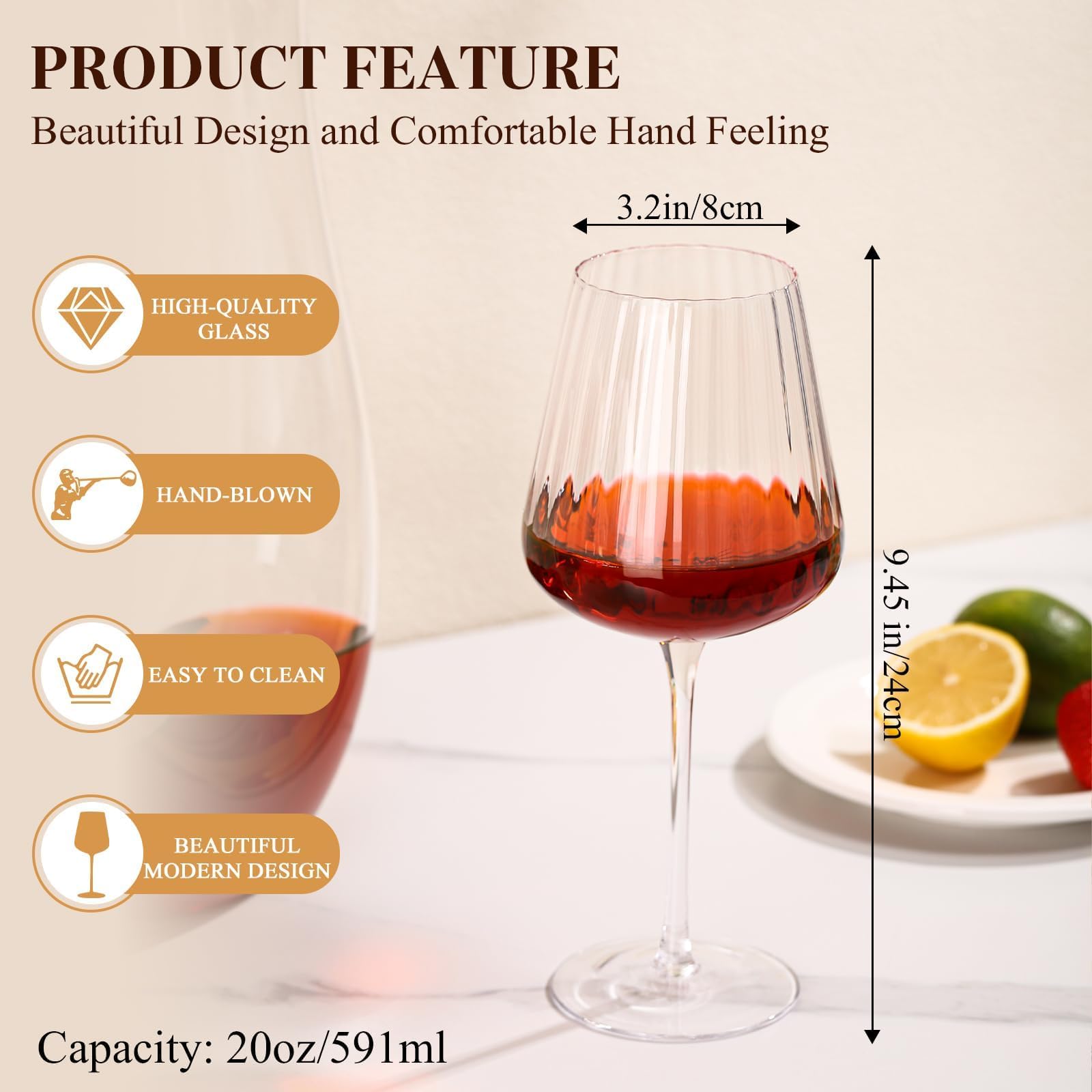 Elegantes, geripptes Weinglas-Set, 400 ml, bleifrei, Kristall, gerippt, Stielgläser für Rot- und Weißwein, Premium-mundgeblasene Gläser für Hochzeiten, Dinnerpartys und besondere Anlässe