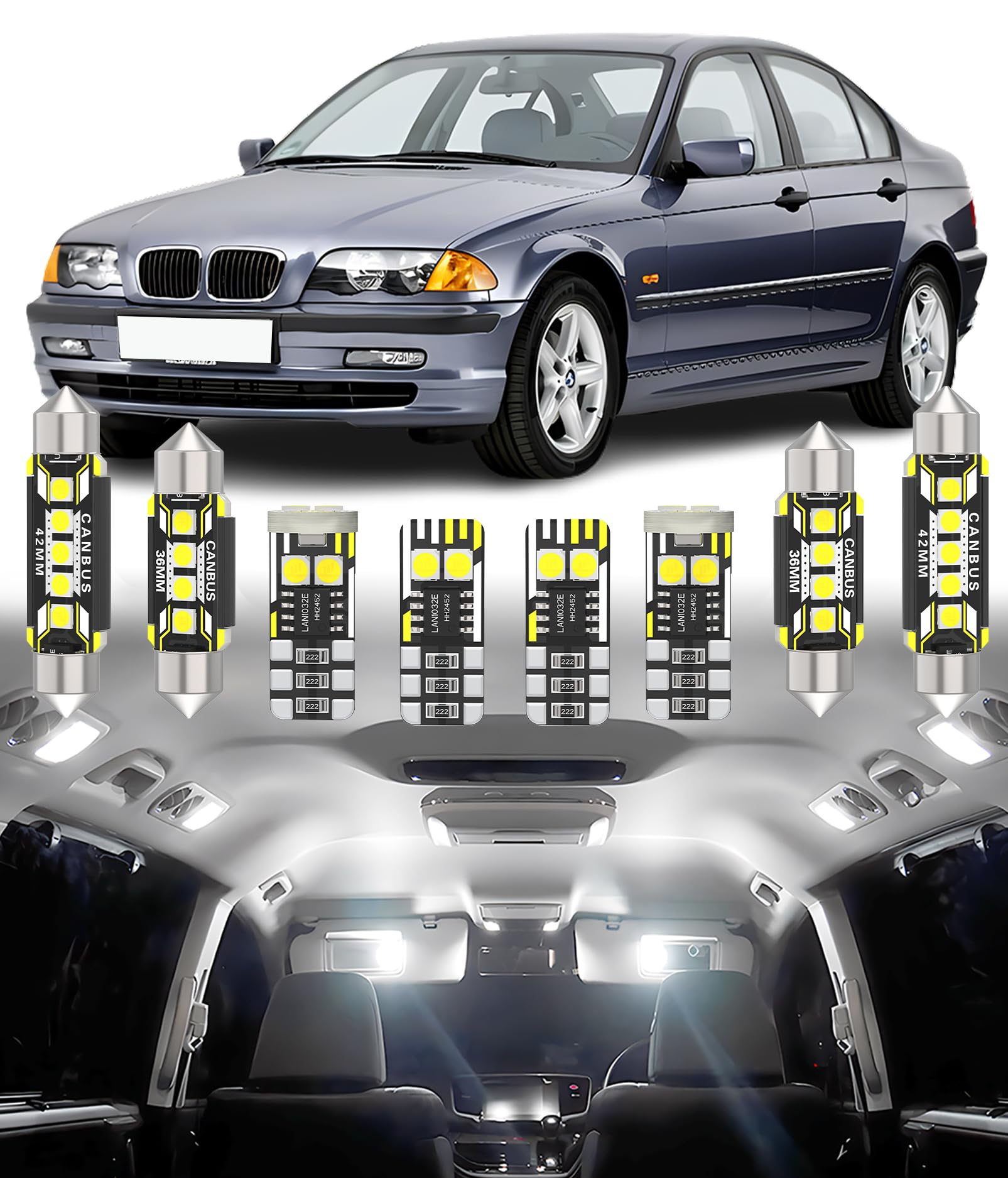BMT xms 17pz Kit di Luci LED per Interni per BMW 3 Series E46 Sedan Wagon Touring Coupe Cabrio 1997-2006, Lampadine LED per Interni Auto e Camion 6000K Bianco Luminoso