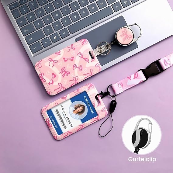 ID Card Holder with Ribbon Bow Tie Pattern Extendable Key Ring Badge Holder Cute Lanyard with Carabiner Card Holder with Strap for Teachers Nurses Doctors Students (Pink)