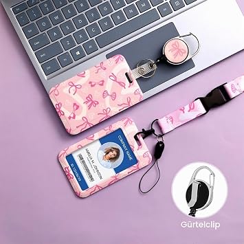 ID Card Holder with Ribbon Bow Tie Pattern Extendable Key Ring Badge Holder Cute Lanyard with Carabiner Card Holder with Strap for Teachers Nurses Doctors Students (Pink)