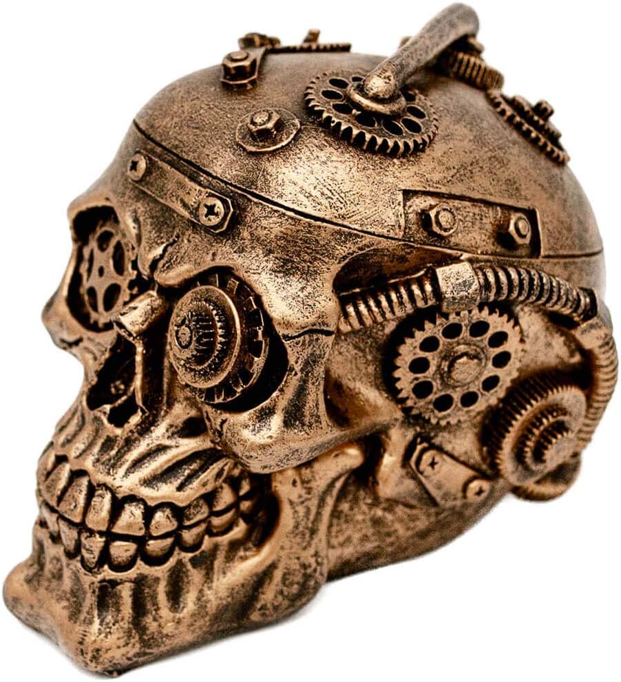 Halloween Steampunk Skull Home Decor - Sci-fi Human Head Skeleton Cranium Figurine Cyborg Protruding Gearwork Statue (Gold)