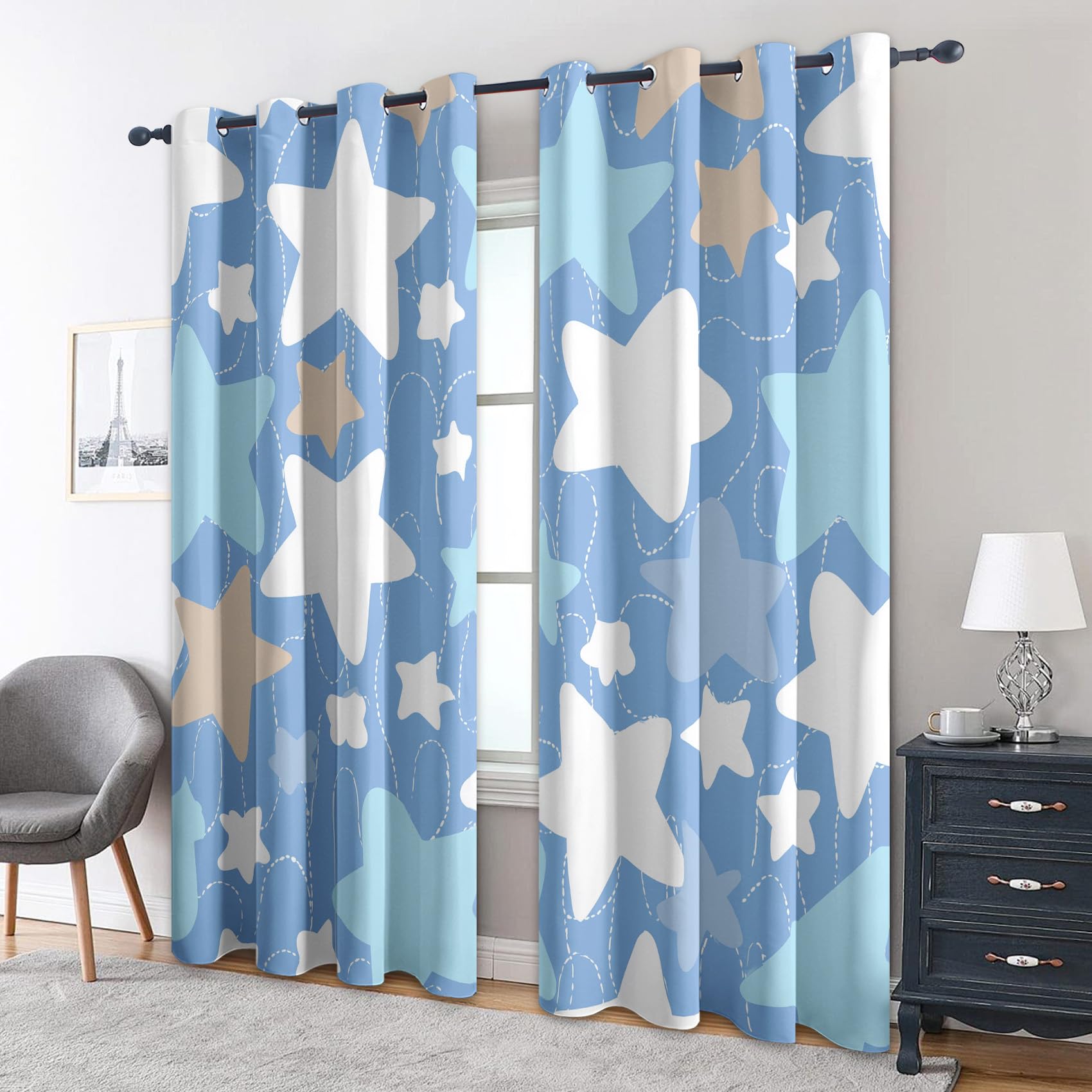 Boys Stars Blackout Curtains for Bedroom, Kids Cartoon Blue Pattern Thermal Eyelet Drapes for Living Room, 90 x 108 Inch 2 Panels, Home Decoration - P290