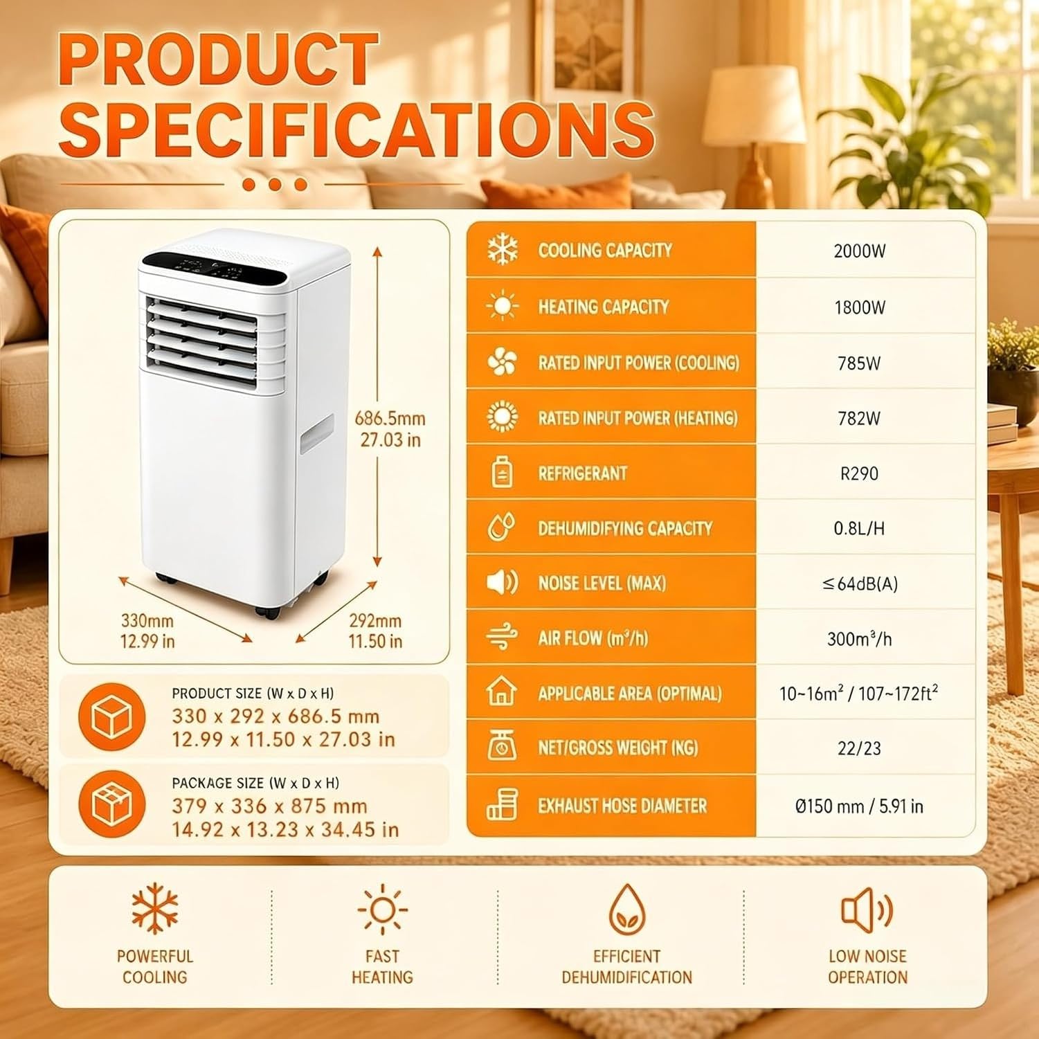 Mobilny klimatyzator 7000 BTU 4 w 1 z pilotem, timerem 24H, kółkami i okienkiem, do sypialni, proste użytkowanie, bez użycia narzędzi