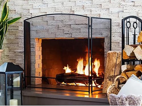 Miniatura 3 de 3 paneles de pantallas plegables para chimenea, de hierro forjado, cubierta de malla sólida, color negro, totalmente abierto, 53.5 pulgadas