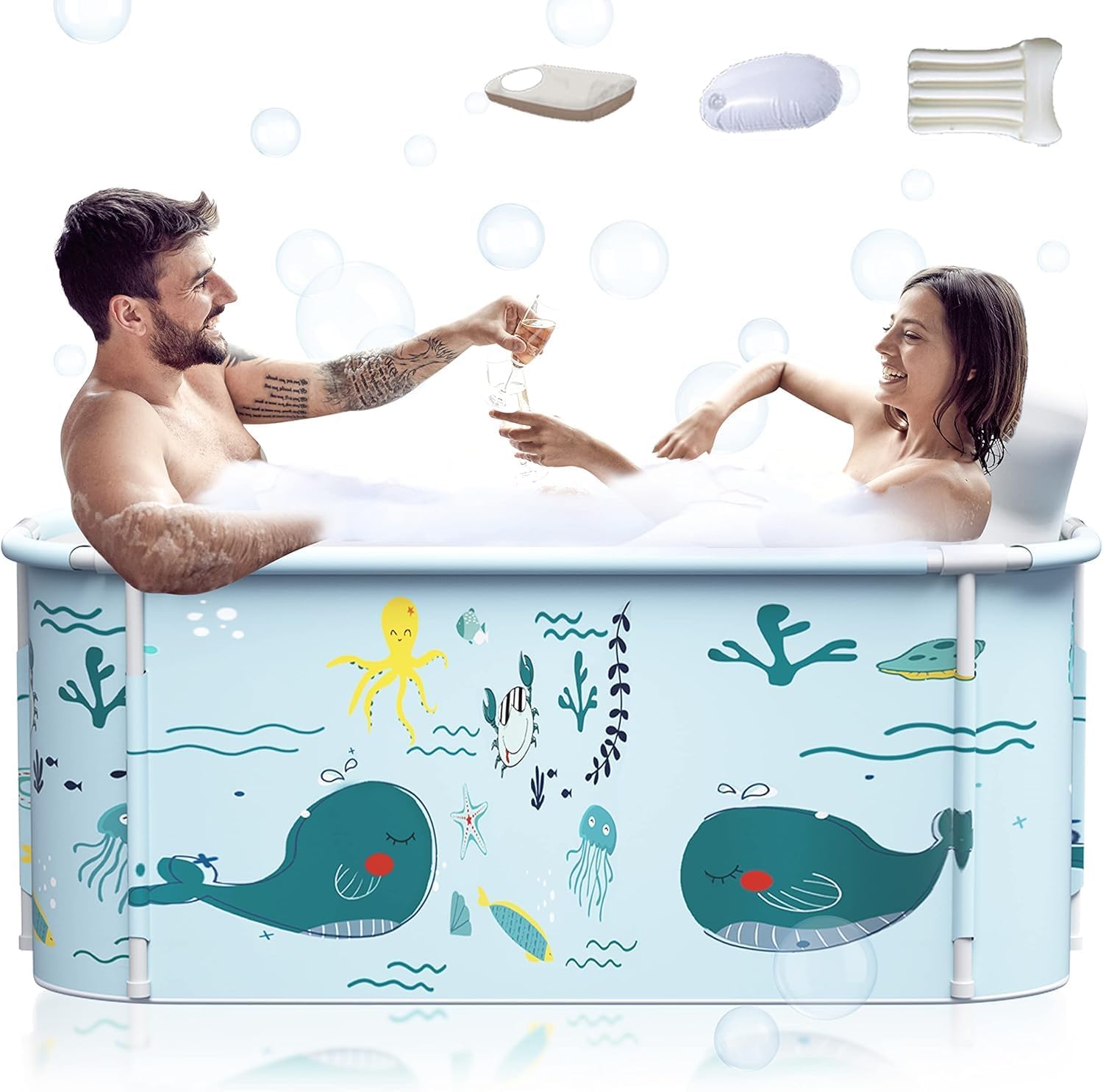 53" Extra Large Portable Foldable Bathtub with Cover for Adult, Family SPA Soaking Tub for Small Bathroom, Thicken Multiple Layer Bathtub with Lid for Shower Stall (Milk Style SP4)