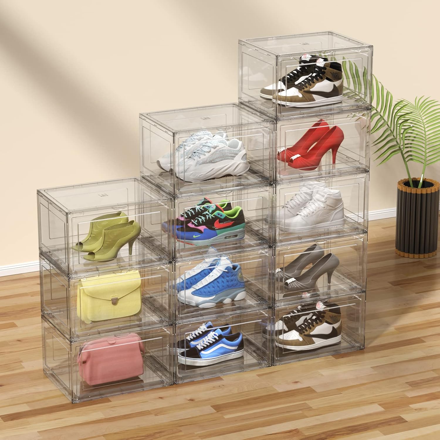 12 Packs Acrylic Shoe Boxes, Clear Plastic Stackable Acrylic Sneaker Boxes, Display Case for Sneaker Fits Up to US Size 15