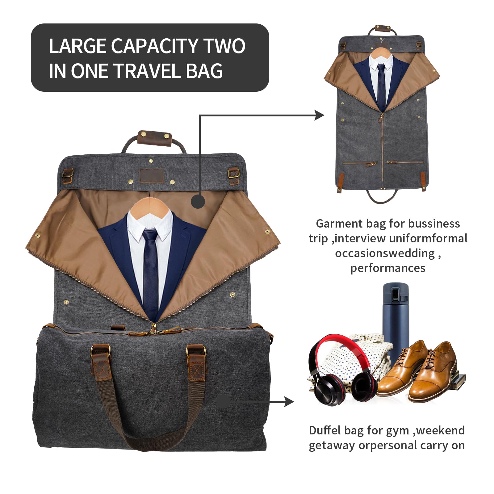 2-in-1 Kleidersack aus gewachstem Segeltuch, Leder, mit Schultergurt, für Reisen und Geschäftsreisen, Canvas Schwarz, American Casual