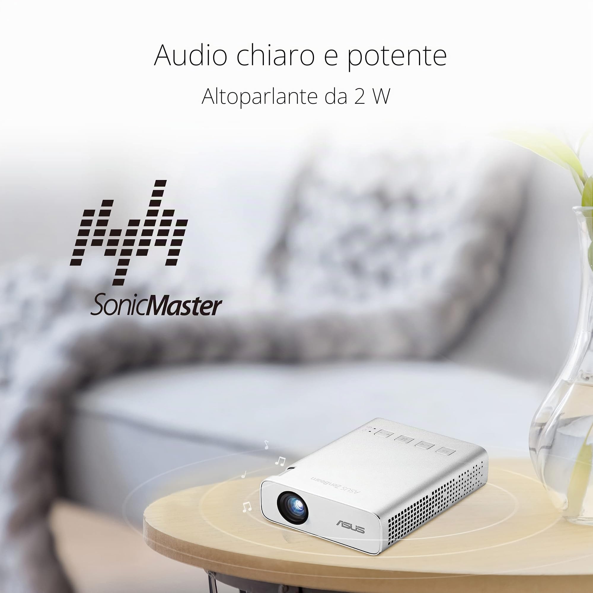 ASUS ZenBeam E1R Mini Proiettore LED, WVGA (854x480), fino a 4 Ore di Riproduzione Video, WiFi, Power Bank, USB Type-A, HDMI, Bianco
